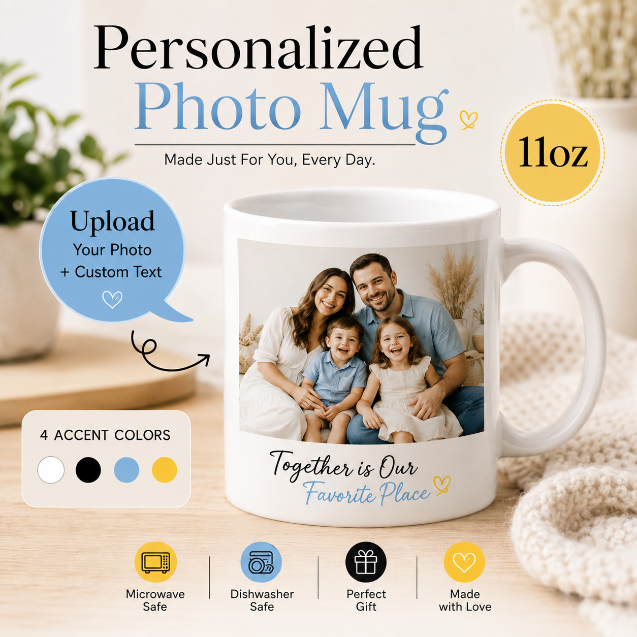 Custom Picture Mug with Photo and Text, Personalized Ceramic Coffee Cup, 11oz