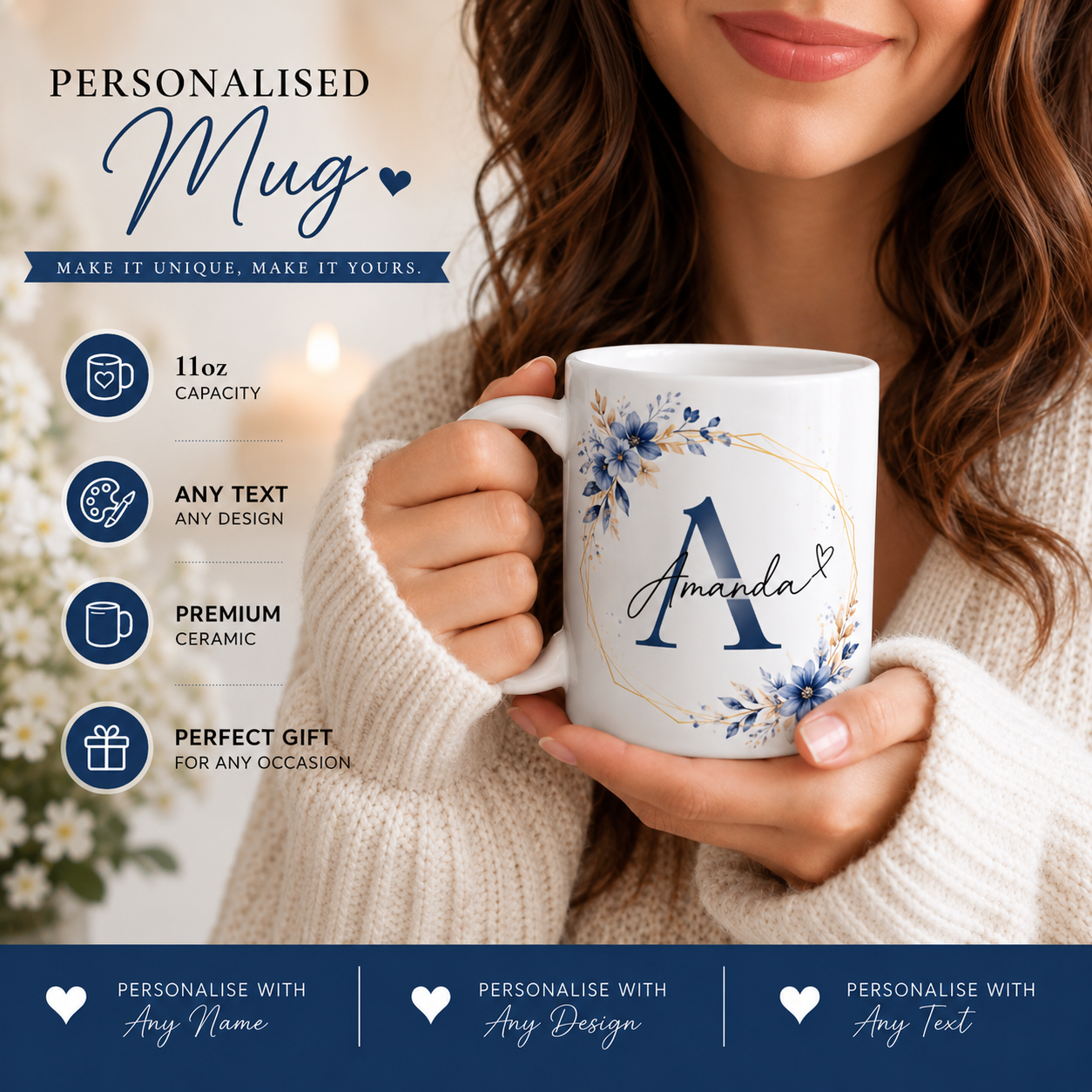 Custom Picture Mug with Photo and Text, Personalized Ceramic Coffee Cup, 11oz