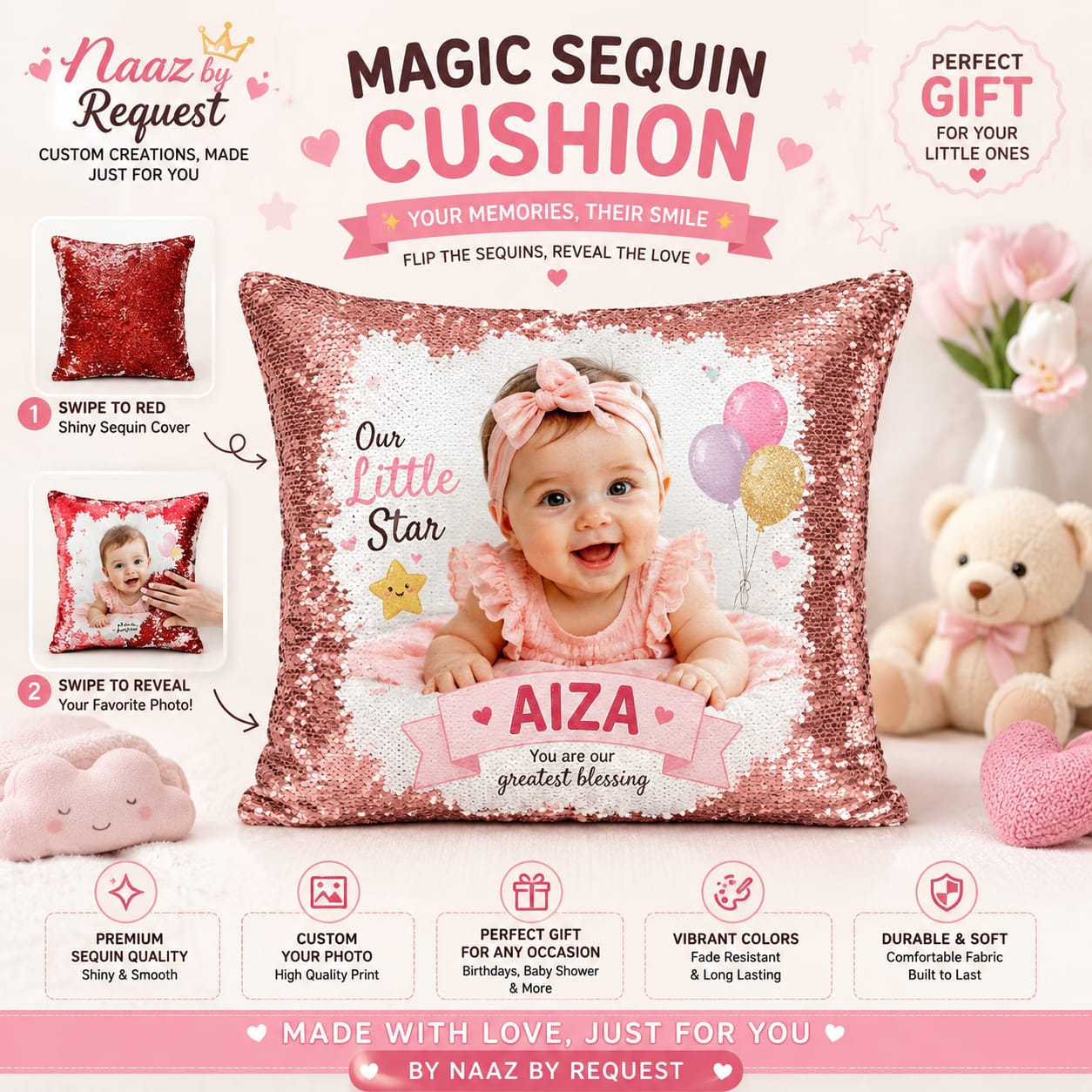 Swipe to reveal your favorite photo—Magic Sequin Cushions by Naaz by Request.